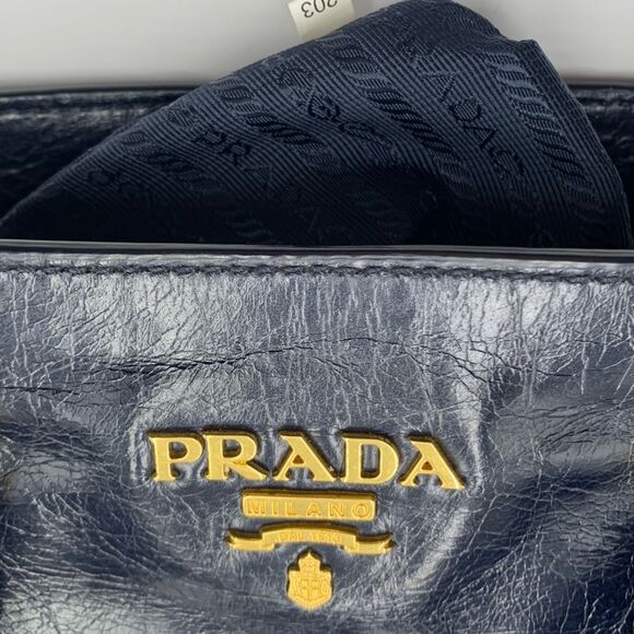 Prada Navy Blue Vitello Shine Medium 2way Shopping Tote Bag Preloved Purse - Picture 13 of 16